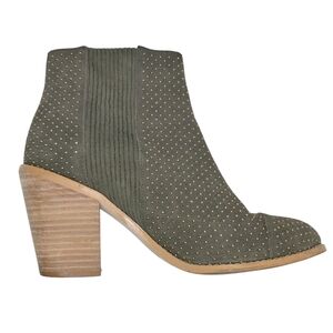 Anthropologie Olive Green Mini Gold Studded Suede Heeled Booties Sz 8 Modern